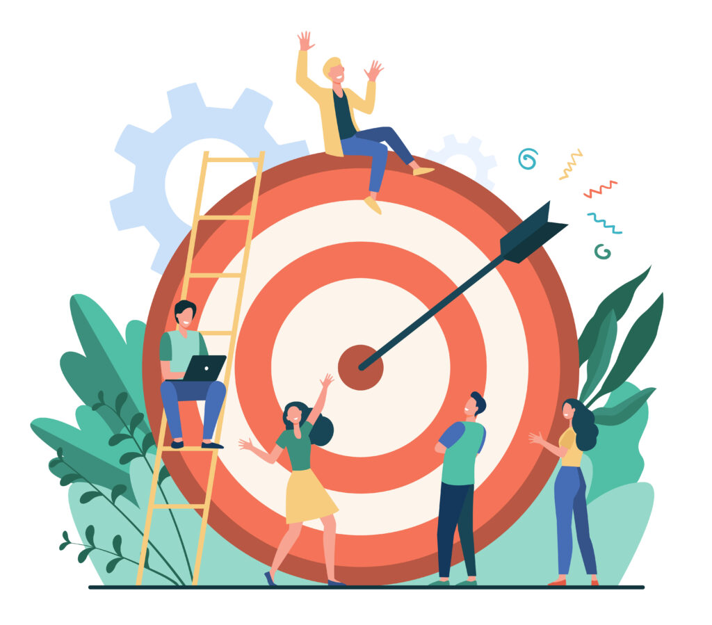 business vision concept with team achieving goals target growth strategy and digital success illustration