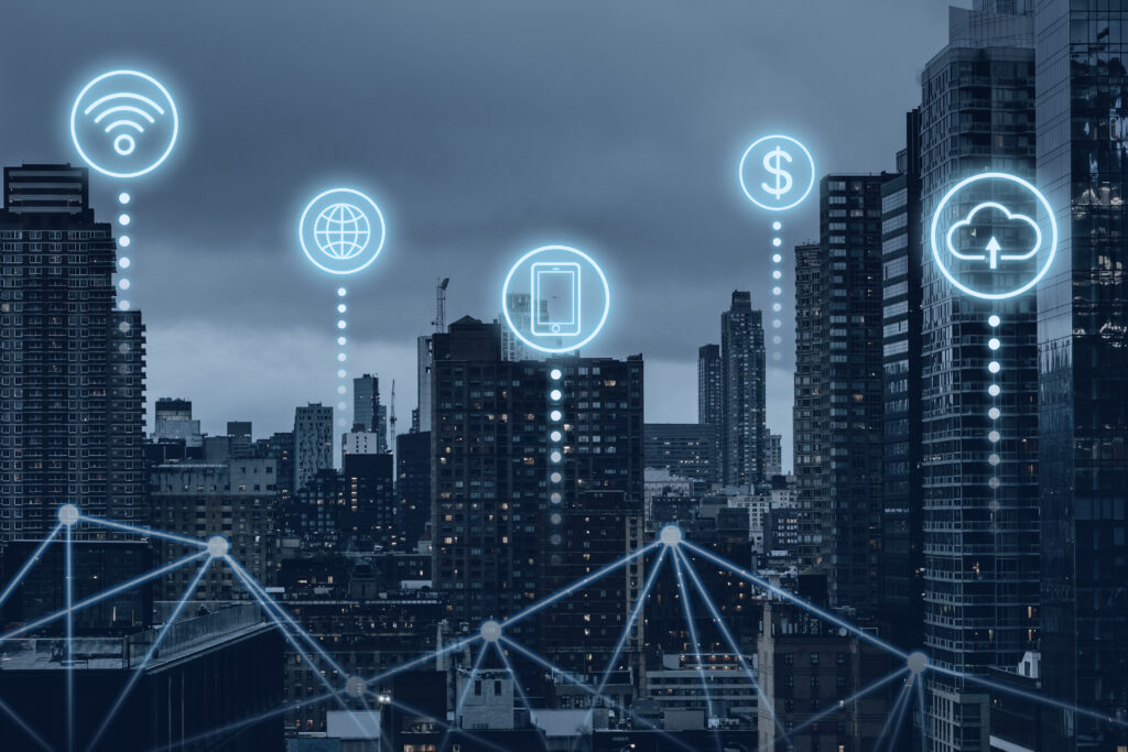 telecommunications network with digital connectivity icons over smart city infrastructure