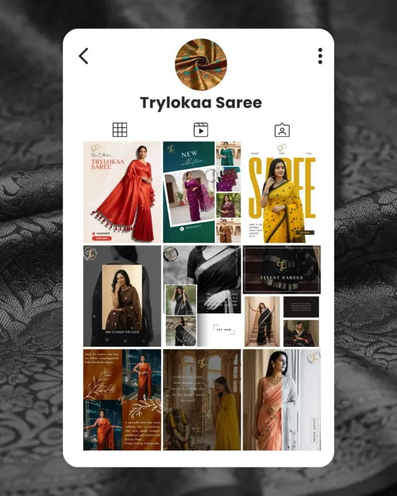 mobile app interface displaying saree fashion brand social media grid with ethnic wear ecommerce and digital marketing design