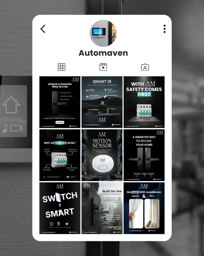 mobile app interface displaying smart home automation products social media grid with sensors switches and security devices marketing design