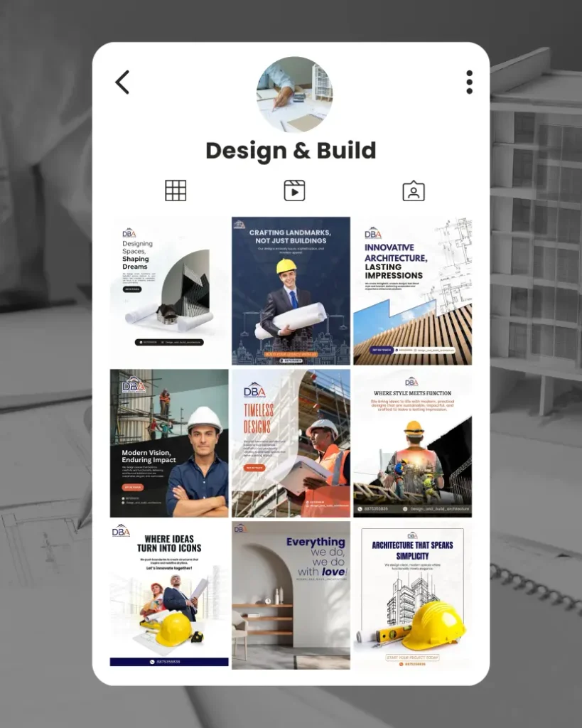 mobile app UI design showing construction company social media posts architecture engineering and design services