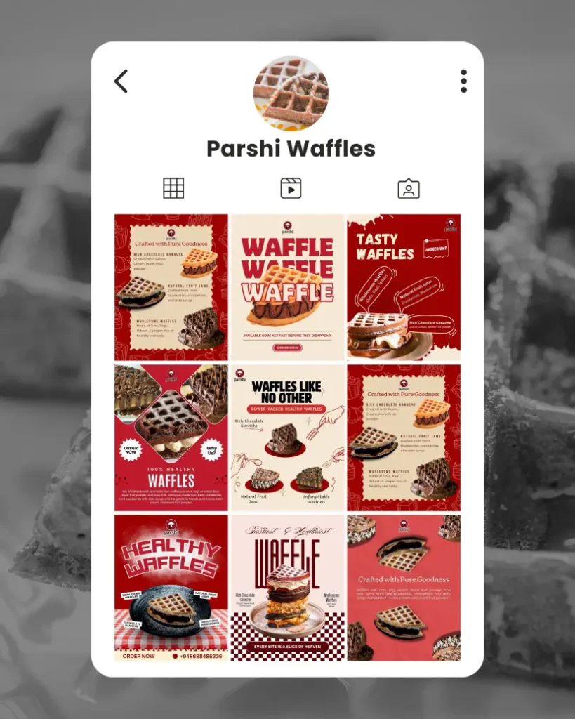 mobile app user interface design showing social media food brand page with waffle products and digital marketing content