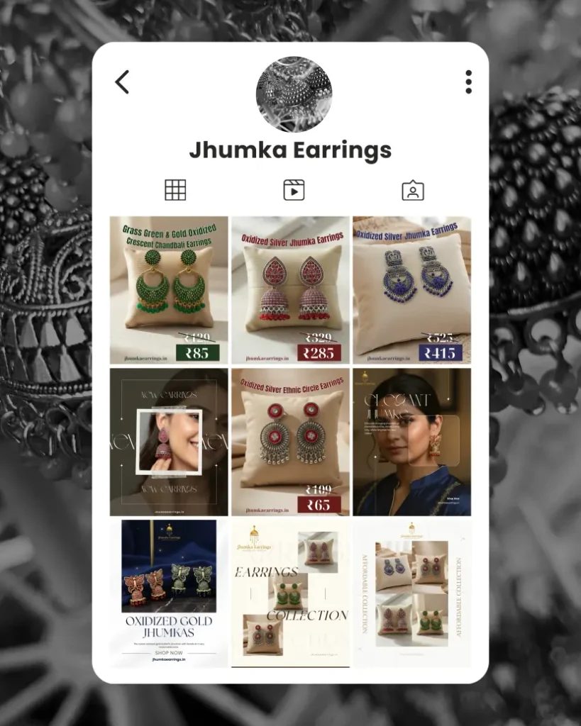mobile app interface displaying jewelry products jhumka earrings social media grid design for ecommerce marketing