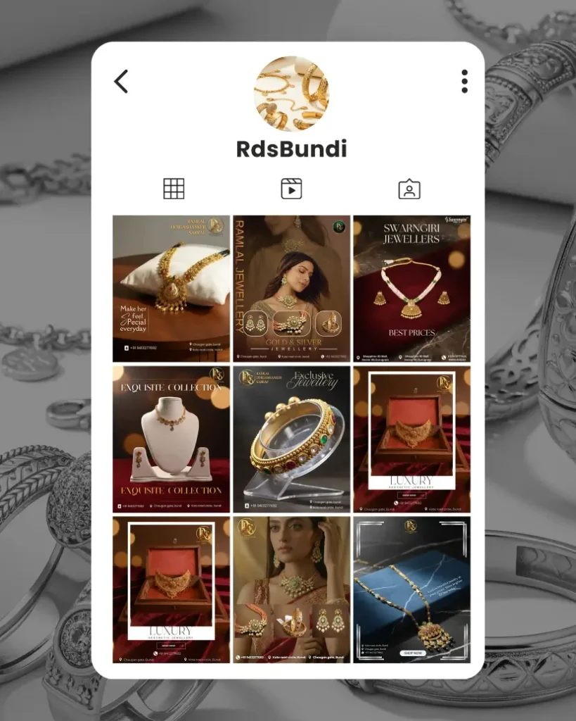 mobile app interface displaying jewelry brand social media grid with gold necklace earrings and luxury ecommerce design