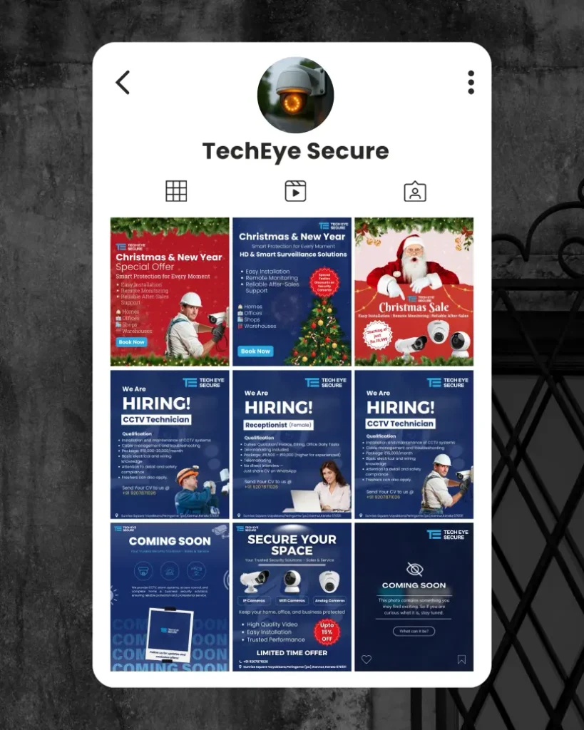 mobile app interface displaying security brand social media grid with CCTV cameras hiring posts and digital marketing creatives